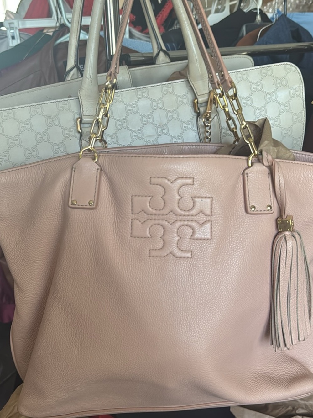 Tory Burch Blush Pink Pebbled Leather Tote with Tassel